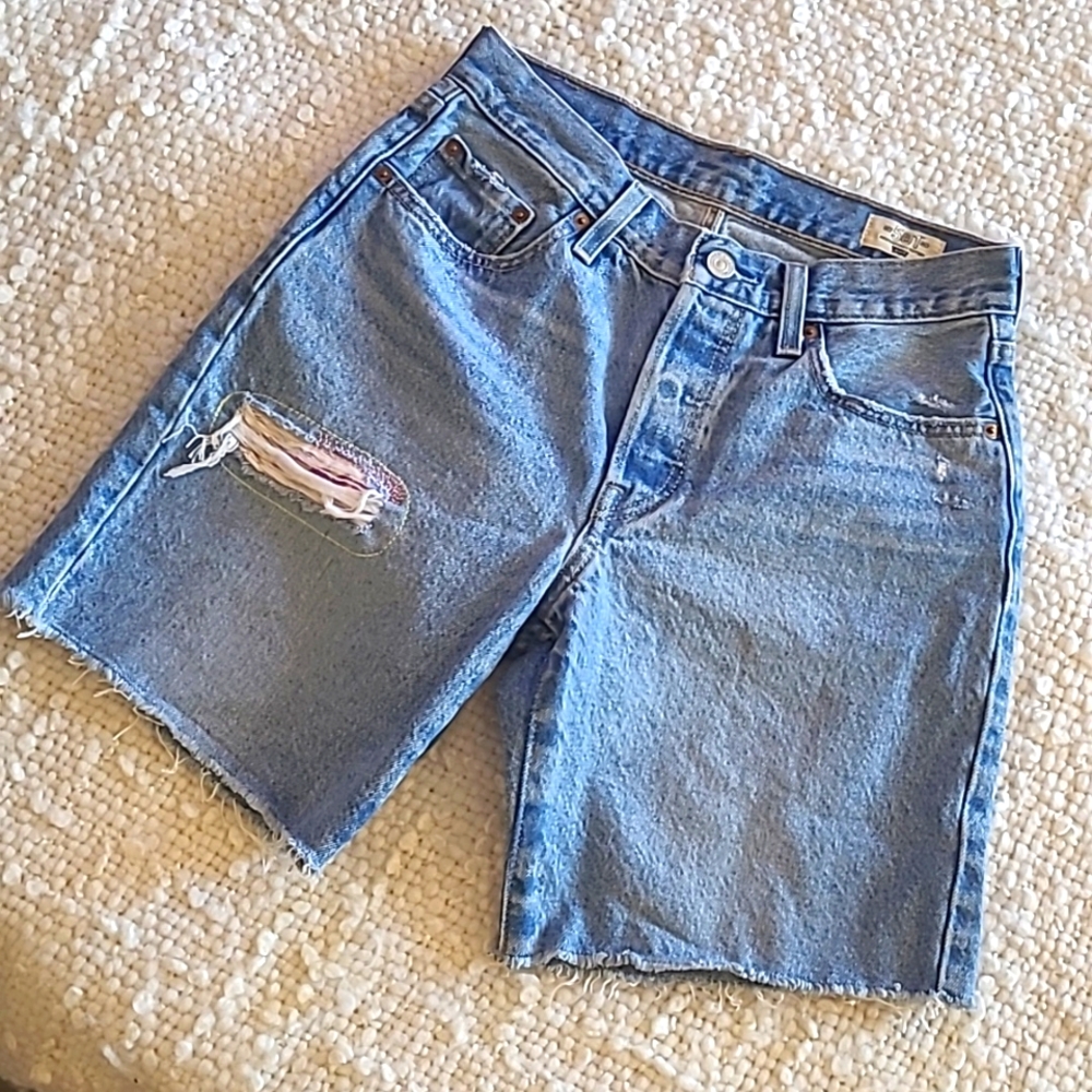 Levi's 501 Shorts 150th Anniversary Distressed with Mushroom Embroidery Sz 24/25